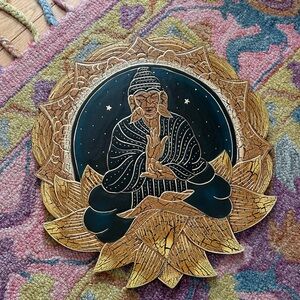 Vintage 15.5" Crackled Wood Handcarved Gold and Black Buddha Wall Art Indonesia